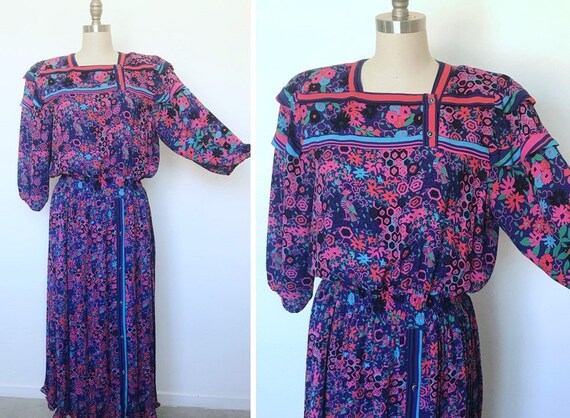 Diane Feis 80s Dress, Multi Print Fabric, Blue, C… - image 1