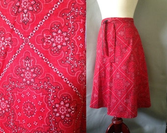 SALE..70s Wrap Skirt / Red Banana Print / Cotton / Multi Sized / "A" Line Skirt / 1970s Rockabilly, Western or Picnic Style  / sizes XS to M