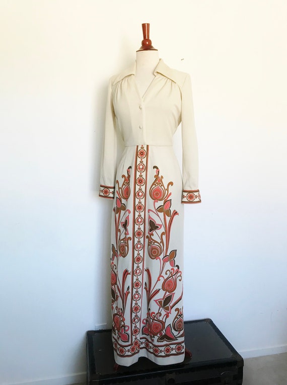 Shaheen Border Print Maxi Dress / Vintage 1970s D… - image 2