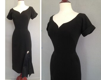 HOLD for Virginia, Cocktail 50s Dress / Couture Black Silk Vintage 1950s Dress / Mad Men / VLV / Halloween / Black Widow Pin Up Party Dress