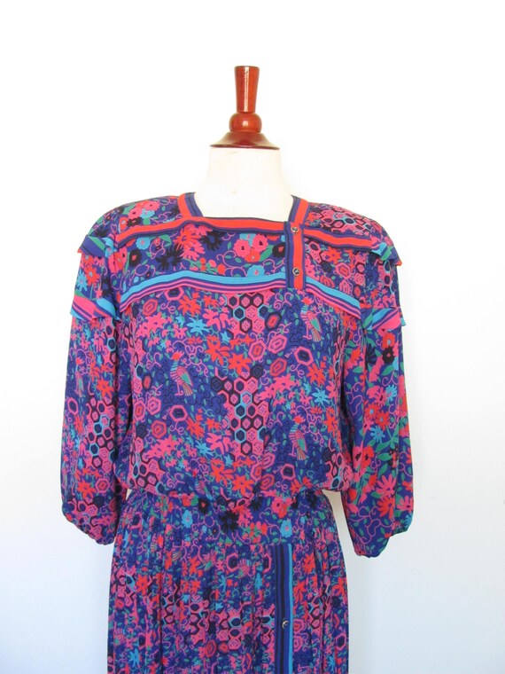 Diane Feis 80s Dress, Multi Print Fabric, Blue, C… - image 4