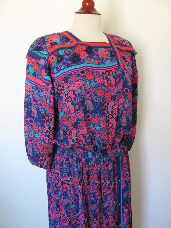 Diane Feis 80s Dress, Multi Print Fabric, Blue, C… - image 6