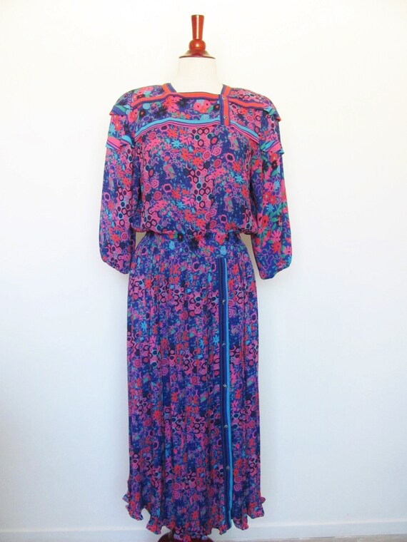 Diane Feis 80s Dress, Multi Print Fabric, Blue, C… - image 3