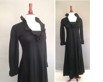 Jane Austen style / early 1970s Vintage Black Maxi Dress / Halloween, Goth, Steam Punk Dress / 1800s Empire Dress / LBD for Halloween