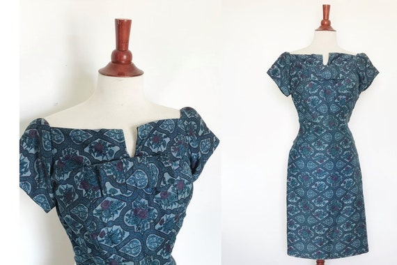 Vintage 50s Hourglass Sheath Dress, Blue Print, W… - image 1