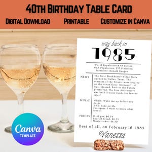 Customizable 40th Birthday Table Card | 40th Birthday Decorations | Dinner Card | 1985 Printable Trivia Card | 40th Birthday Party Decor