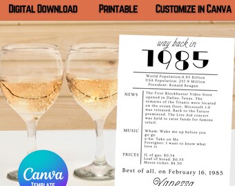May include: A printable 40th birthday table card with a white background and black text. The card features a newspaper-style design with headlines for "News", "Music", and "Prices" and includes facts about the year 1985. The card also includes the text "way back in 1985" and "Best of all, on February 16, 1985". The card is designed to be customised in Canva.