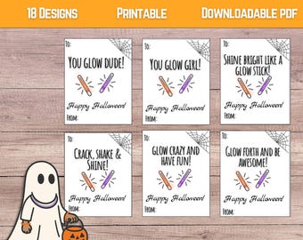 Halloween Glow Stick Gift Tags Printable | Kids Classroom Halloween Favor Tags |You Glow GirlYou Glow Dude | Trick or Treat Glow Stick Cards
