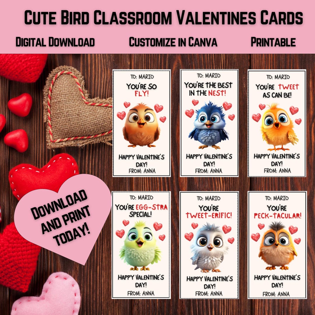 Cute Bird Classroom Valentines Day Cards | Class Valentines | Toddler ...