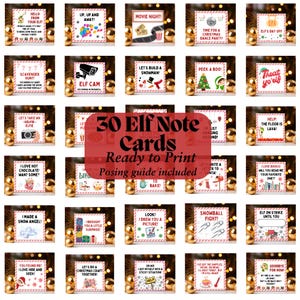 May include: Thirty printable elf note cards with red and white striped borders. The cards feature various Christmas-themed illustrations and text, such as "Hello from your elf!" and "Let's take a selfie-elfie!"