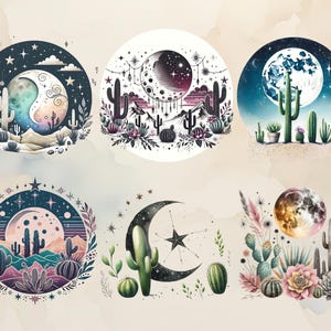 Puede incluir: Seis ilustraciones circulares de acuarela con paisajes des&eacute;rticos con cactus, lunas y estrellas. Cada dise&ntilde;o tiene una paleta de colores &uacute;nica, incluyendo azules, morados y verdes, con elementos bot&aacute;nicos detallados.