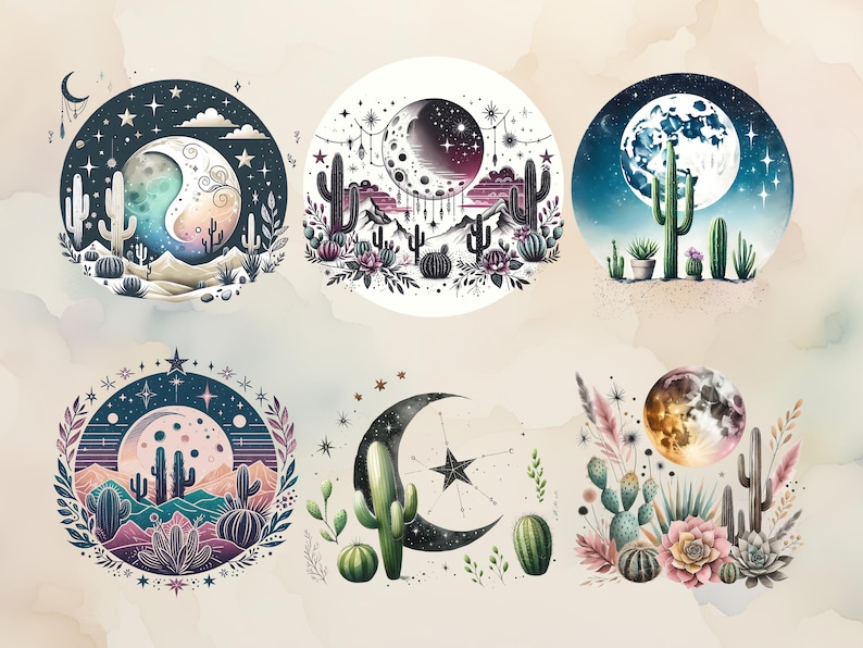 Puede incluir: Seis ilustraciones circulares de acuarela con paisajes des&eacute;rticos con cactus, lunas y estrellas. Cada dise&ntilde;o tiene una paleta de colores &uacute;nica, incluyendo azules, morados y verdes, con elementos bot&aacute;nicos detallados.