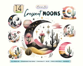 Paquete de imágenes prediseñadas de lunas crecientes (PNG): 14 obras de arte desérticas de estilo bohemio chic, rosa celestial, paisaje de cactus desértico, descarga digital instantánea, uso comercial