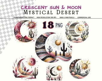 Mystical Desert Sun Moon Png Clipart Bundle, 18 Southwest Celestial Cactus Landscape Art, Instant Digital Download, Commercial Use Pngs
