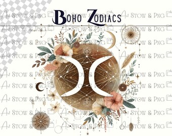 Zodiac Signs with Flowers Png Bundle, Boho Style Elements, Abstract Line Art Floral Astrology, Commercial Use Digital Download