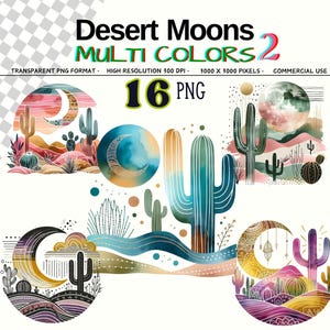 May include: Digital art featuring watercolor illustrations of desert landscapes with cacti, moons, and mountains. The image includes the text "Desert Moons Multi Colors 2" and "16 PNG". The artwork is in a transparent PNG format.