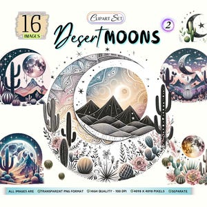 Puede incluir: Una colecci&oacute;n de ilustraciones en acuarela que representan paisajes des&eacute;rticos con lunas, cactus y monta&ntilde;as. La obra de arte incluye el texto "Desert MOONS" y "16 IMAGES". Las im&aacute;genes est&aacute;n en formato PNG transparente.