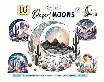 Conjunto de imágenes PNG de lunas celestiales: 16 gráficos de lunas imprimibles, arte de paisaje de cactus del desierto, descarga digital instantánea, uso comercial en manualidades.