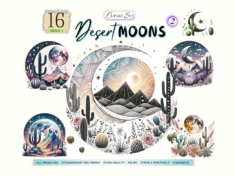 Puede incluir: Una colecci&oacute;n de ilustraciones en acuarela que representan paisajes des&eacute;rticos con lunas, cactus y monta&ntilde;as. La obra de arte incluye el texto "Desert MOONS" y "16 IMAGES". Las im&aacute;genes est&aacute;n en formato PNG transparente.