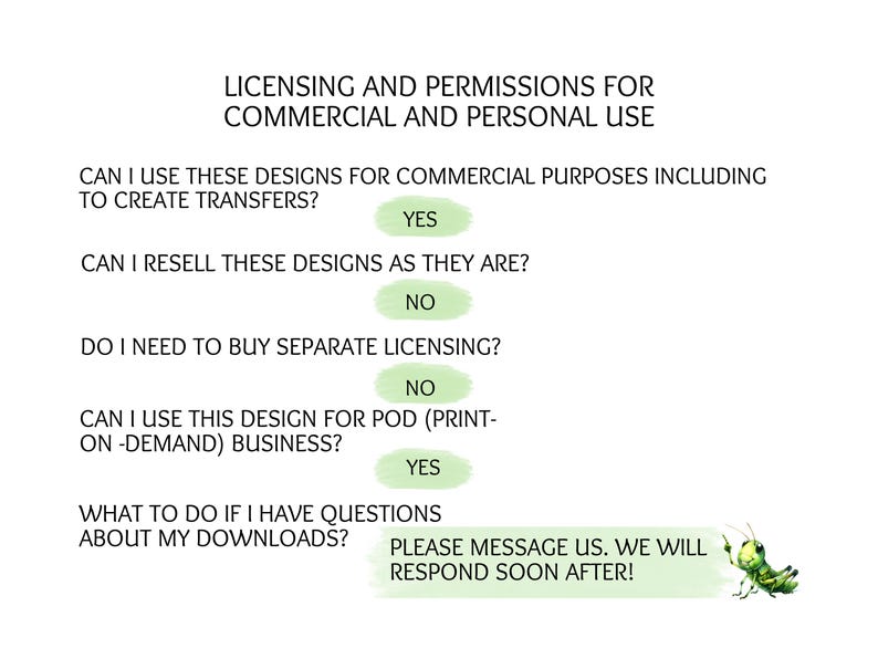 Puede incluir: Fondo blanco con texto sobre licencias y permisos para uso comercial y personal. El texto incluye preguntas y respuestas sobre el uso de dise&ntilde;os para transferencias, reventa, licencias separadas y negocios de impresi&oacute;n bajo demanda. Un saltamontes verde est&aacute; en la esquina inferior derecha.