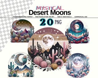 Moon Desert Landscape Clipart Png, 20 Southwest Cactus Art, Mystical Moons Clipart, Desert Sand, Watercolor Arizona Pngs, Digital Download