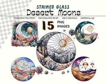 Stained Glass Desert Moons Landscape Png, Colorful Crescent Moon Clipart Bundle, Southwestern Cactus Art Pngs, Instant Digital Download File