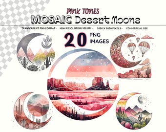Mosaic Moon Desert Landscape Png, Pink Desert Crescent Moons Clipart Bundle, Southwestern Cactus Art Pngs, Instant Digital Download