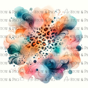 Op de afbeelding: Een digitaal kunstontwerp met een centraal luipaardmotief, omringd door kleurrijke elementen in aquarel-stijl. Het ontwerp bevat tinten oranje, blauwgroen, roze en blauw, met delicate veervormige details en gestippelde accenten. De tekst "Art STOW & PNG" herhaalt zich.