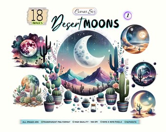 Paquete de imágenes prediseñadas PNG de lunas del desierto, lunas celestiales del suroeste, arte de paisajes de cactus del desierto, descarga digital instantánea, PNG para uso comercial