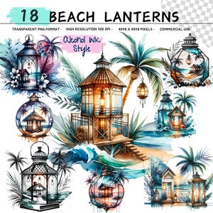 May include: Set of 18 watercolor illustrations of beach lanterns in various styles. The lanterns are depicted in a whimsical, hand-painted style with vibrant colors and intricate details. The illustrations are perfect for adding a touch of coastal charm to any project.
