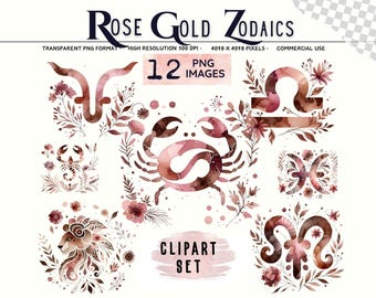 Floral Zodiac Signs Clipart Bundle: Pink Watercolor Astrology Graphics (Digital Download, Commercial Use