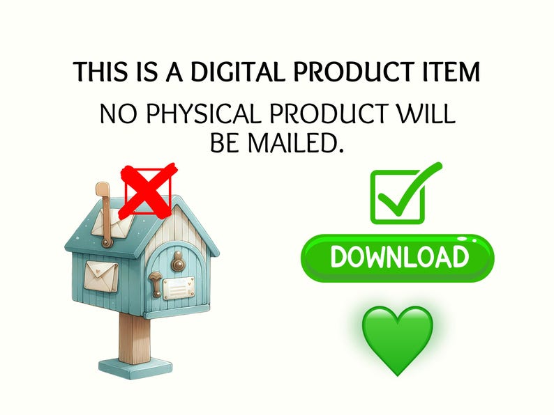 Puede incluir: Imagen de producto digital con un buz&oacute;n azul claro, una cruz roja encima y una marca de verificaci&oacute;n verde con la palabra "DESCARGAR" en un bot&oacute;n verde. Un coraz&oacute;n verde est&aacute; debajo del bot&oacute;n. El texto en la parte superior dice "ESTE ES UN ART&Iacute;CULO DE PRODUCTO DIGITAL NO SE ENVIAR&Aacute; NING&Uacute;N PRODUCTO F&Iacute;SICO."