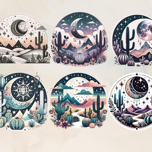 Puede incluir: Conjunto de seis ilustraciones circulares que representan paisajes des&eacute;rticos con cactus, monta&ntilde;as y elementos celestiales. Cada dise&ntilde;o presenta una luna creciente, estrellas y una paleta de colores &uacute;nica, incluyendo rosas, azules y morados. El estilo es caprichoso y detallado.