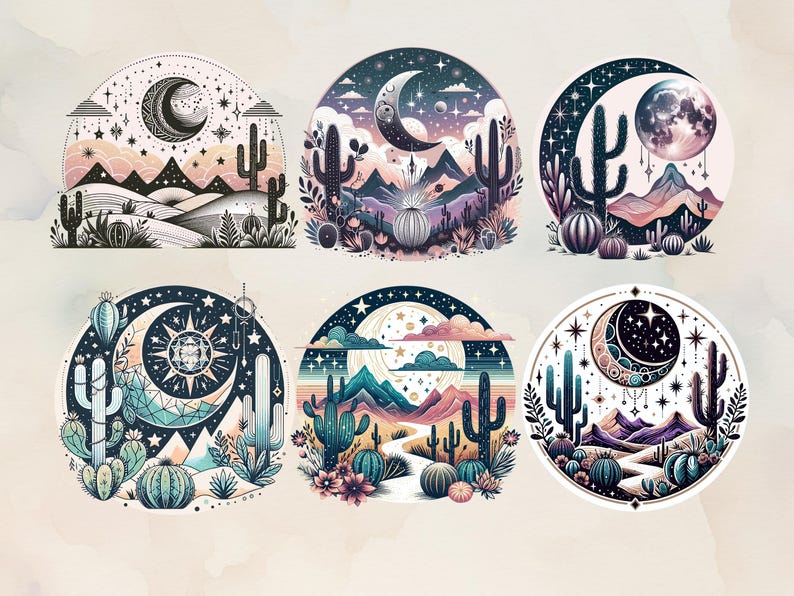 Puede incluir: Conjunto de seis ilustraciones circulares que representan paisajes des&eacute;rticos con cactus, monta&ntilde;as y elementos celestiales. Cada dise&ntilde;o presenta una luna creciente, estrellas y una paleta de colores &uacute;nica, incluyendo rosas, azules y morados. El estilo es caprichoso y detallado.