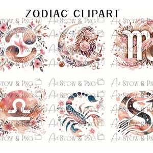 Pode incluir: Clipart de aquarela do zodíaco com seis símbolos celestes: Câncer, Leão, Virgem, Libra, Escorpião e Sagitário. Cada design é adornado com elementos florais e paletas de cores suaves, com o texto "ZODIAC CLIPART" no topo.