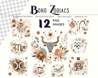 May include: Digital art featuring 12 Boho Zodiacs, each with floral and celestial designs. The images include zodiac symbols, flowers, and stars in a warm color palette. The text reads "BOHO ZODIACS" and "12 PNG IMAGES".