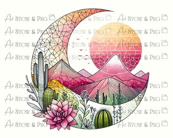 Mosaic Moon Desert Landscape Png, Pink Mountains with Crescent Moons Clipart Bundle, Southwest Cactus Art Pngs, Instant Digital Download