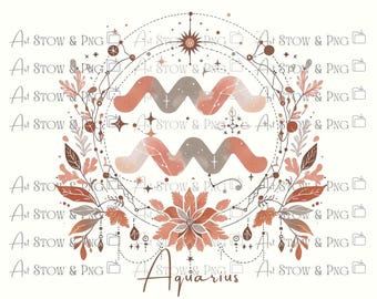 Boho Zodiac Signs Clipart Png Bundle, Painted Style Flowers, Abstract Line Art Astrology, High Quality Art, Commercial Use Digital Download