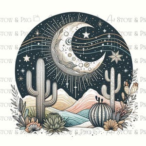 Puede incluir: Ilustraci&oacute;n digital que presenta una luna creciente, estrellas y cactus sobre un cielo nocturno azul oscuro. La obra de arte incluye elementos del paisaje des&eacute;rtico con una paleta de colores beige, azul y naranja. La imagen tiene un tema celestial y des&eacute;rtico.