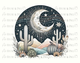 Moon Desert Landscape Png, 16 Southwest Cactus Art, Celestial Moons Clipart, Desert Sand, Watercolor Arizona Pngs, Instant Digital Download