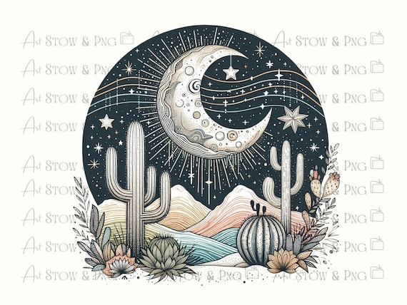 Moon Desert Landscape Png, 16 Southwest Cactus Art, Celestial Moons Clipart, Desert Sand, Watercolor Arizona Pngs, Instant Digital Download