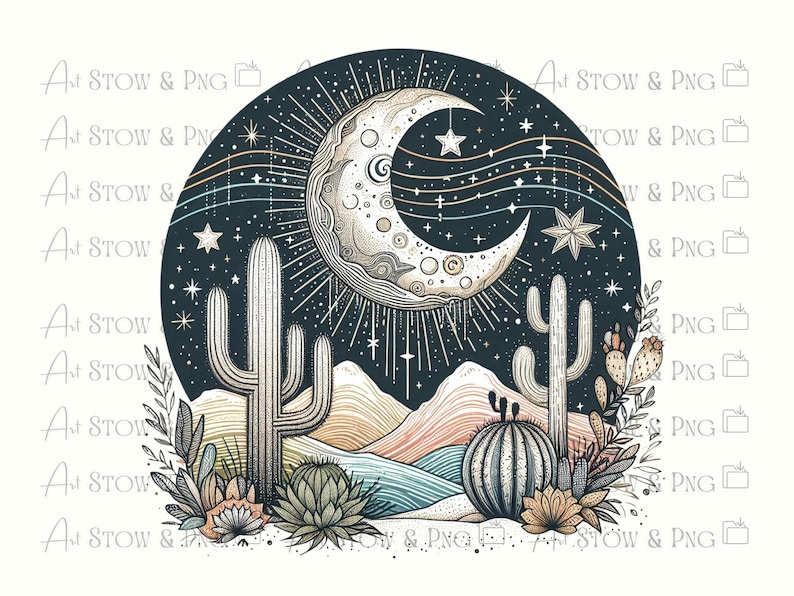 Puede incluir: Ilustraci&oacute;n digital que presenta una luna creciente, estrellas y cactus sobre un cielo nocturno azul oscuro. La obra de arte incluye elementos del paisaje des&eacute;rtico con una paleta de colores beige, azul y naranja. La imagen tiene un tema celestial y des&eacute;rtico.