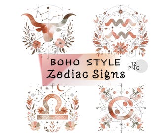 Boho Zodiac Signs Clipart Png Bundle, Painted Style Flowers, Abstract Line Art Astrology, High Quality, Commercial Use Digital Download