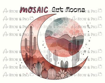 Moon Desert Landscape Png, Mosaic Style Art, Pink Desert Cactus, Crescent Moons Clipart Bundle, High Quality Set, Instant Digital Download