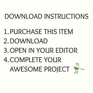 Puede incluir: Fondo blanco con texto negro que dice "INSTRUCCIONES DE DESCARGA". Las instrucciones incluyen: Compra este art&iacute;culo, Descarga, Abre en tu editor, Completa tu incre&iacute;ble proyecto. Un gr&aacute;fico de lib&eacute;lula est&aacute; en la esquina inferior derecha.