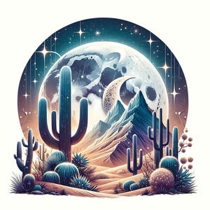 Puede incluir: Ilustraci&oacute;n digital de un paisaje des&eacute;rtico bajo un cielo estrellado. La escena presenta cactus, monta&ntilde;as y una gran luna. La paleta de colores incluye azules, verdes y tonos c&aacute;lidos, creando una atm&oacute;sfera serena y m&iacute;stica.