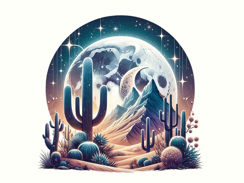 Puede incluir: Ilustraci&oacute;n digital de un paisaje des&eacute;rtico bajo un cielo estrellado. La escena presenta cactus, monta&ntilde;as y una gran luna. La paleta de colores incluye azules, verdes y tonos c&aacute;lidos, creando una atm&oacute;sfera serena y m&iacute;stica.