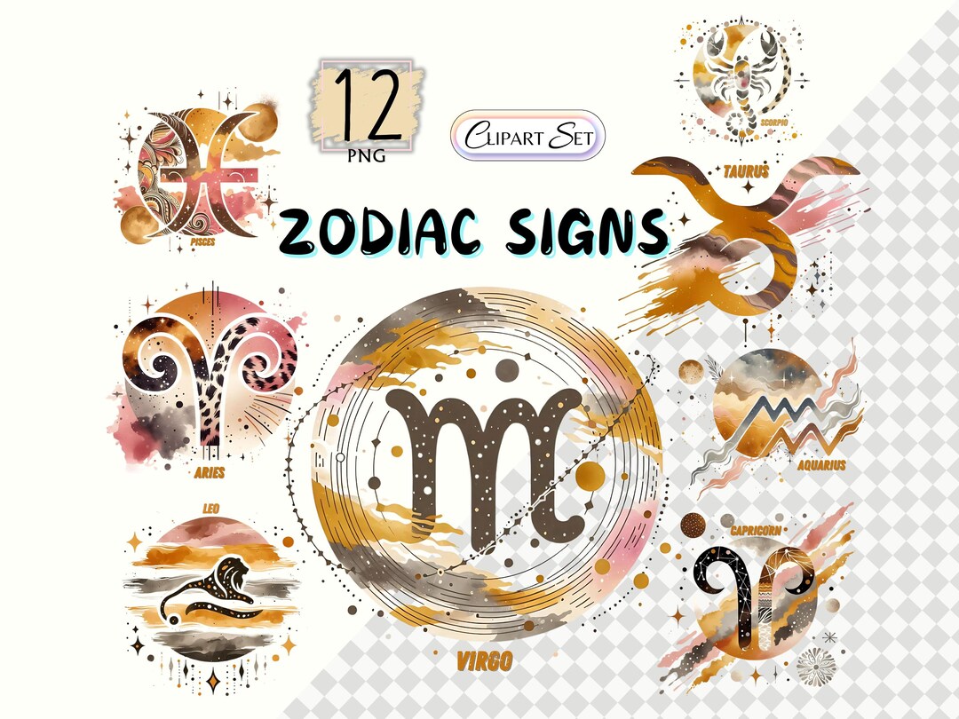 Animal Sign Pattern Zodiac Signs Png Clipart Set, Grunge Astrology Art, Animal Print ...