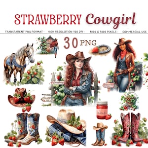 Puede incluir: Ilustraciones en acuarela con el tema "Strawberry Cowgirl". Las imágenes incluyen un caballo, una vaquera, un sombrero de vaquero, botas y plantas de fresas. El texto "STRAWBERRY Cowgirl" está en la parte superior, junto con "30 PNG".