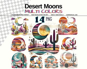 Moon Desert Landscape Png, 14 Southwest Cactus Art, Celestial Moons Clipart, Desert Sand, Watercolor Arizona Pngs, Instant Digital Download